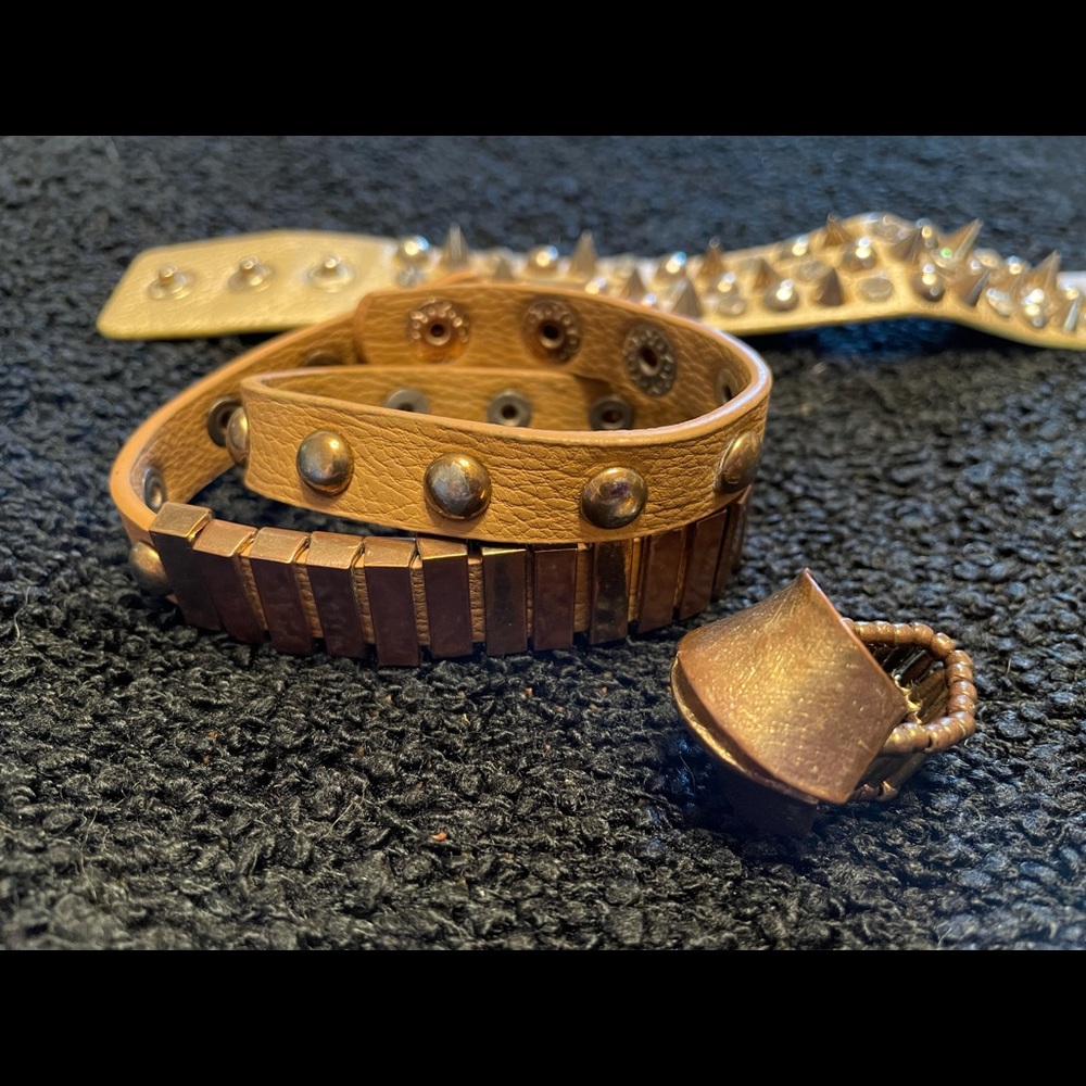 Two leather bracelets and a stretchy ring set